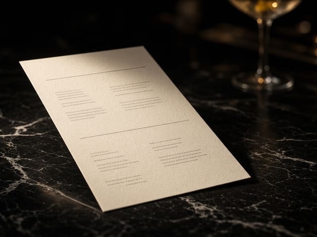 Concept artwork: a cream menu card on black marble beside a coupe glass.