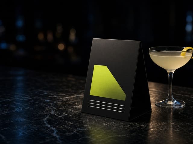 Concept artwork: a black A-frame table tent with a chartreuse shape on black marble.