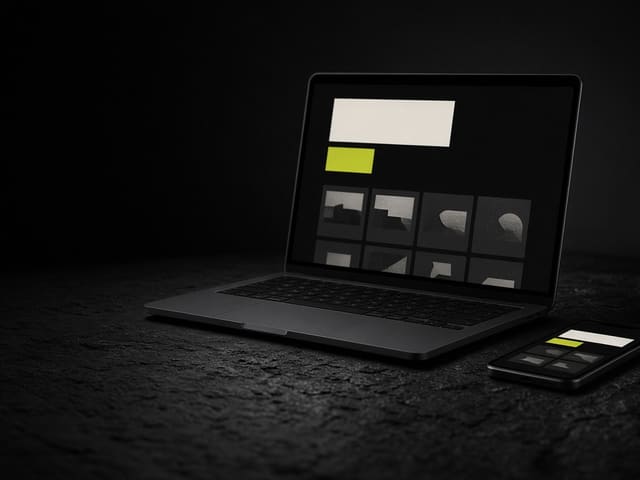 Concept artwork: a laptop and phone on black stone showing a dark site with a chartreuse button.