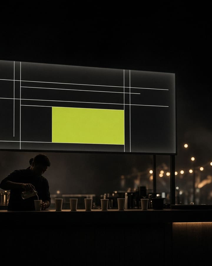 Concept artwork: a festival bar at night under a backlit black menu board with a chartreuse panel.