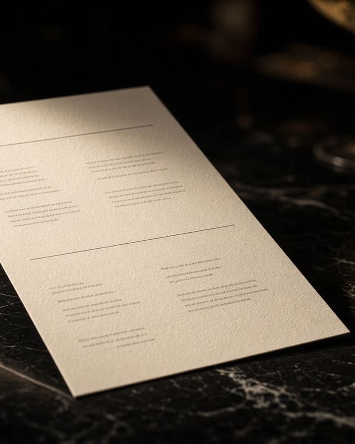 Concept artwork: a cream cocktail menu card on black marble beside a coupe glass.