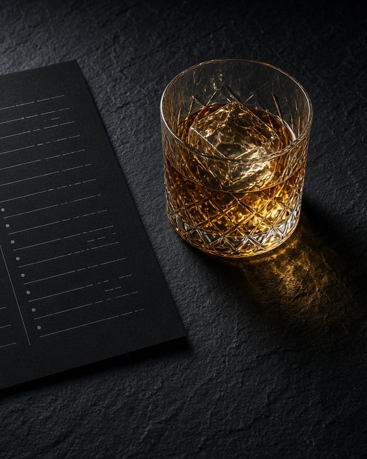 Concept artwork: a black two-column menu card on dark slate beside a crystal whisky tumbler.