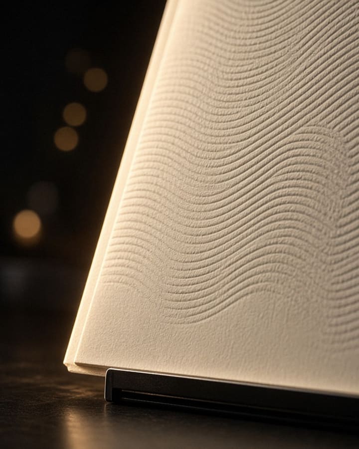 Concept artwork: a close-up of a backlit cream menu cover with a debossed wave.