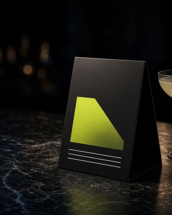 Concept artwork: a black A-frame table tent with a chartreuse shape beside a cocktail.