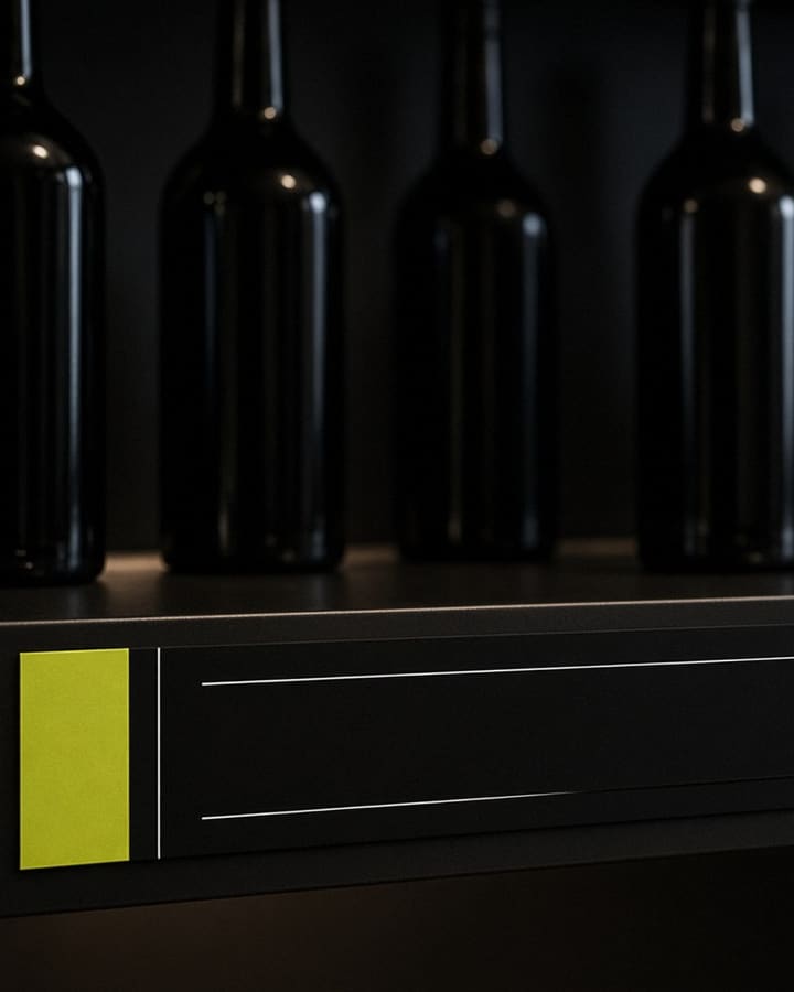 Concept artwork: a black shelf-edge talker with a chartreuse tab beneath a row of dark bottles.