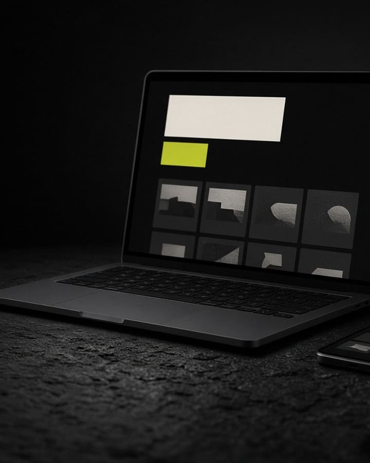 Concept artwork: a laptop and phone on black stone showing a dark venue site with a chartreuse button.